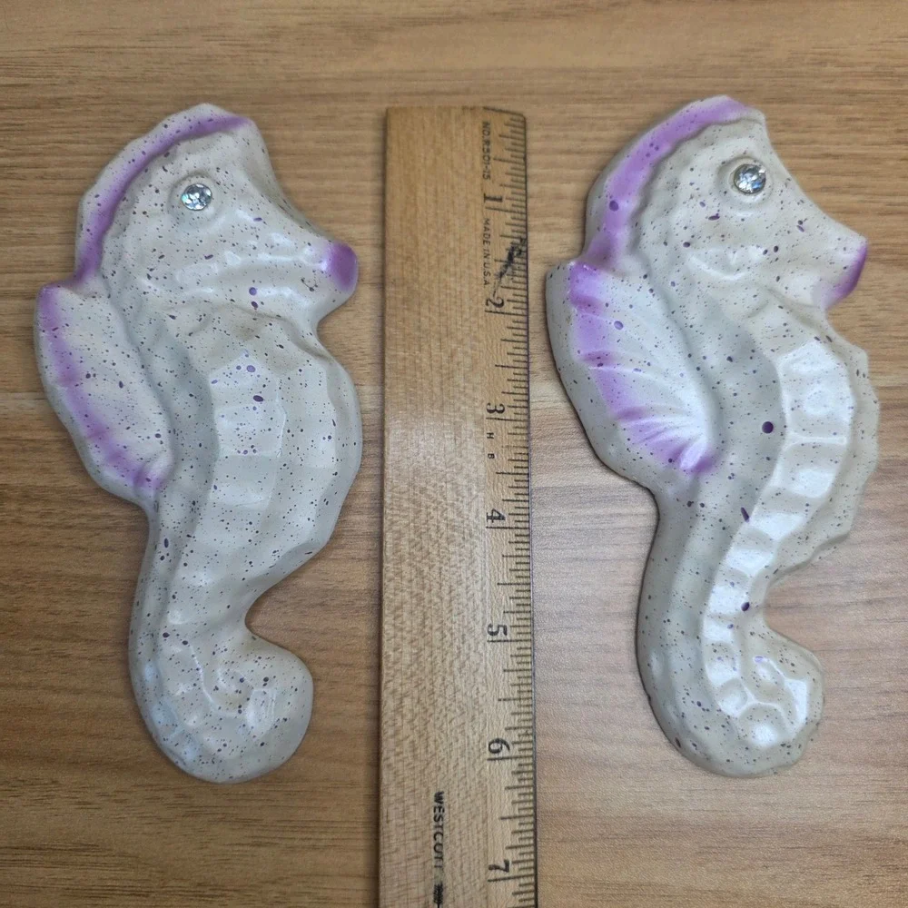 Vintage 3 Seahorse MCM Chalkware Wall Decorations Cream and Purple Beach House